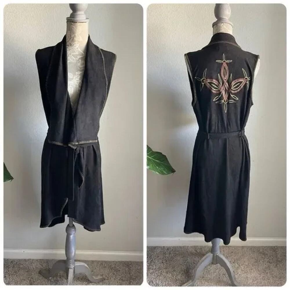 Tasha Polizzi‎ Vest Brown Embroidered Open Front Belted Faux Suede Sz S